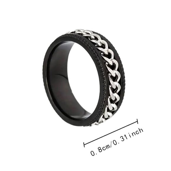 Ring Spinner Men's Black Silver SZ 10 Stainless Chain Rotates Anxiety Edgy Rock - Picture 3 of 3